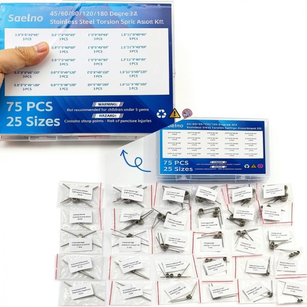 75Pcs 25 Sizes 45-180° 304 Stainless Steel Torsion Springs Kit Saelno-4