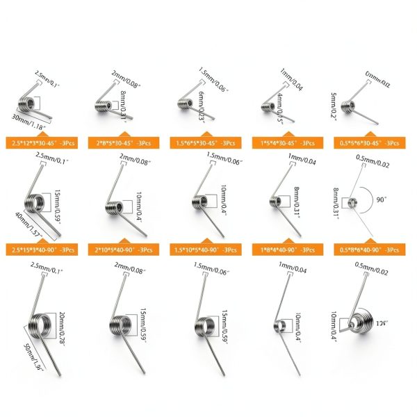 45Pcs 15 Sizes 45/90/120 Degree Stainless Steel Torsion Springs Assortment Kit Mechanical Small Torsion Spring Tiny Torsional Spring for Carpentry Woodworking Maintenance Repair DIY Project-1