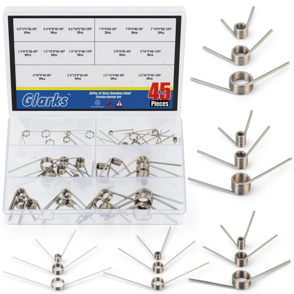 Glarks 45pcs 15 Sizes V-Shaped Return Springs, Angle 45/90/120 Degree Stainless Steel Torsion Spring, 0.5/1/1.5/2/2.5MM Wire Diameter Torsional Springs for Tools Maintenance and Carpentry Repair DIY-0